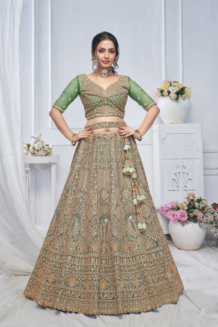 "Introducing the Royal Grandeur Bridal Mehendi Lehenga!