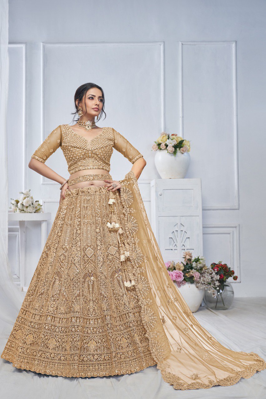 "Introducing the Royal Grandeur Bridal Golden Lehenga!